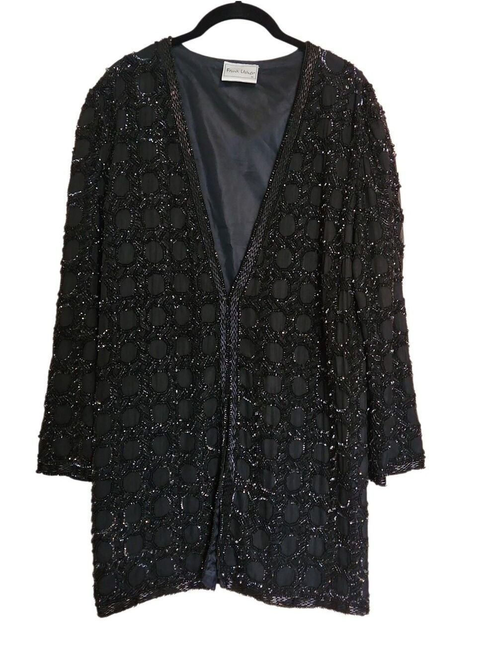 VINTAGE 80s FRANK USHER BLACK SILK BEADED LUXURY CARDIGAN EVENING JACKET MEDIUM